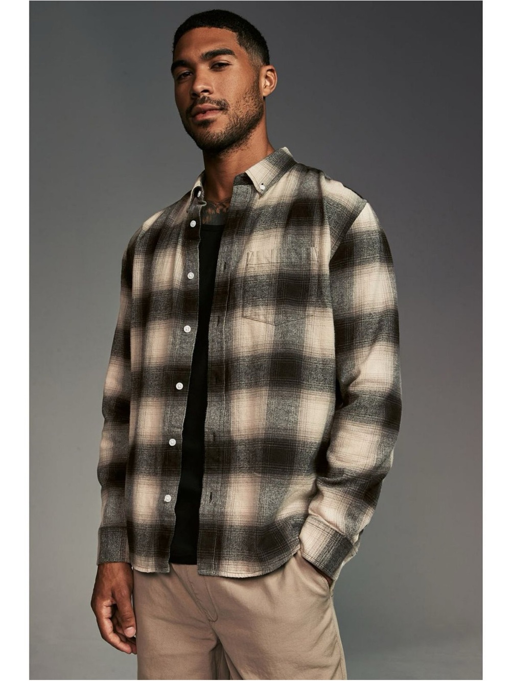 next Men's Black and Beige Plaid Button-Down Shirt